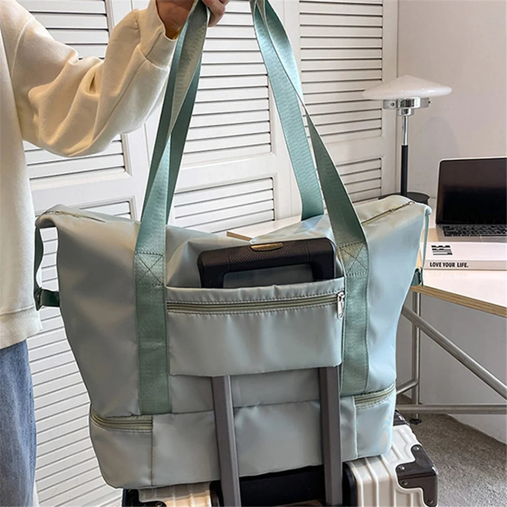 Large Capacity Nylon Waterproof Fitness Tote Single Shoulder Bag Travel Luggage Bag - Light Green - 3