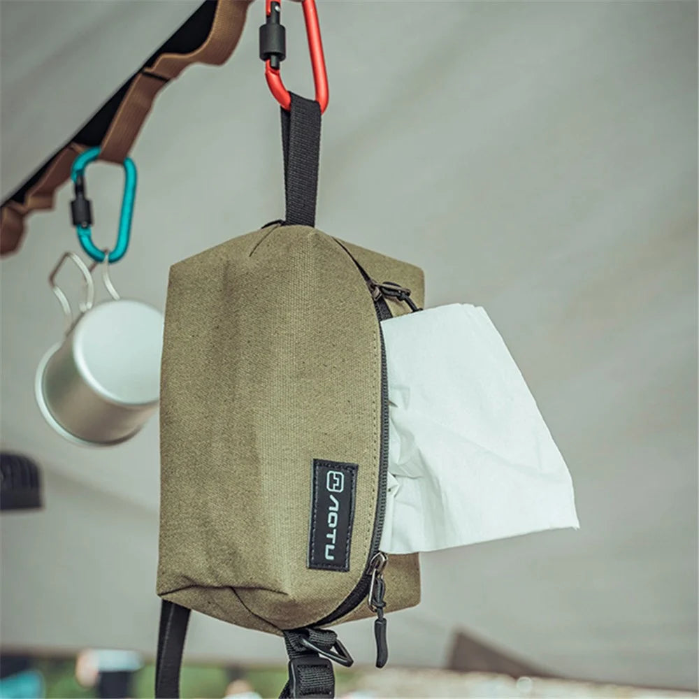 AOTU Camping Tent Canvas Tissue Cover Tissue Paper Storage Box Hanging Holder Bag with Carabiner - 4