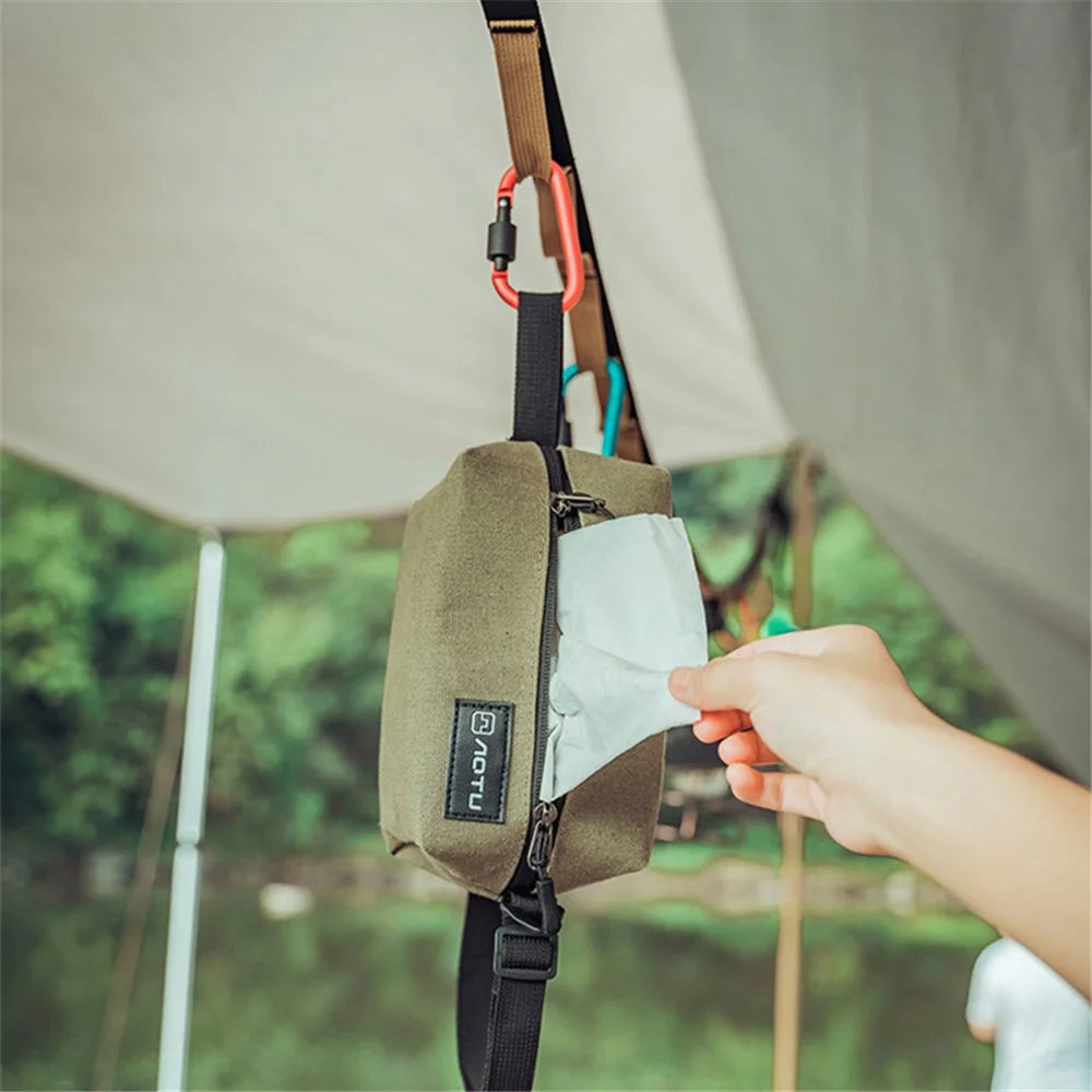 AOTU Camping Tent Canvas Tissue Cover Tissue Paper Storage Box Hanging Holder Bag with Carabiner - 6