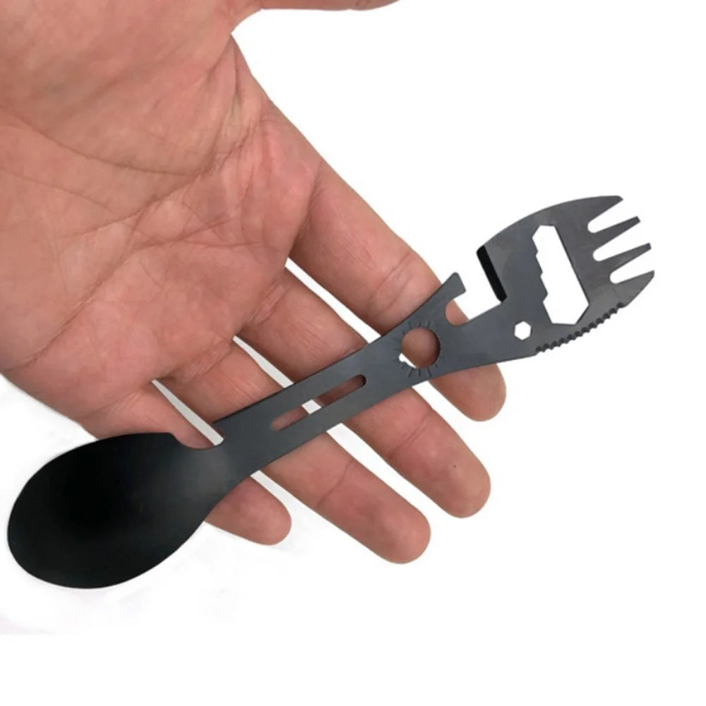 Stainless Steel Camping Spoon Fork Knife Wine Bottle Opener (BPA-Free, No FDA Certified) - Black - 2