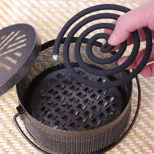 AOTU Portable Iron Mosquito Incense Coil Holder Box with Lid for Outdoor Home - Black / Fireworks - 2