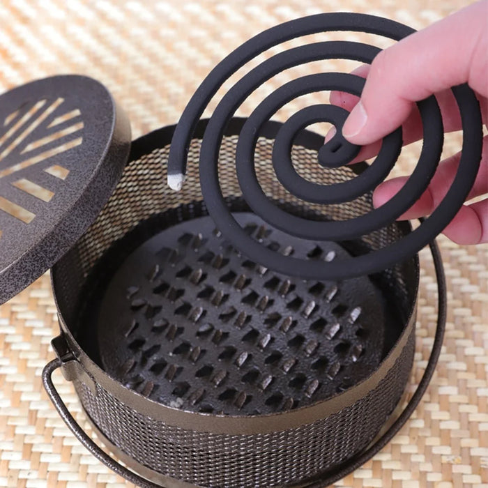 AOTU Portable Iron Mosquito Incense Coil Holder Box with Lid for Outdoor Home - Black / Fireworks - 2