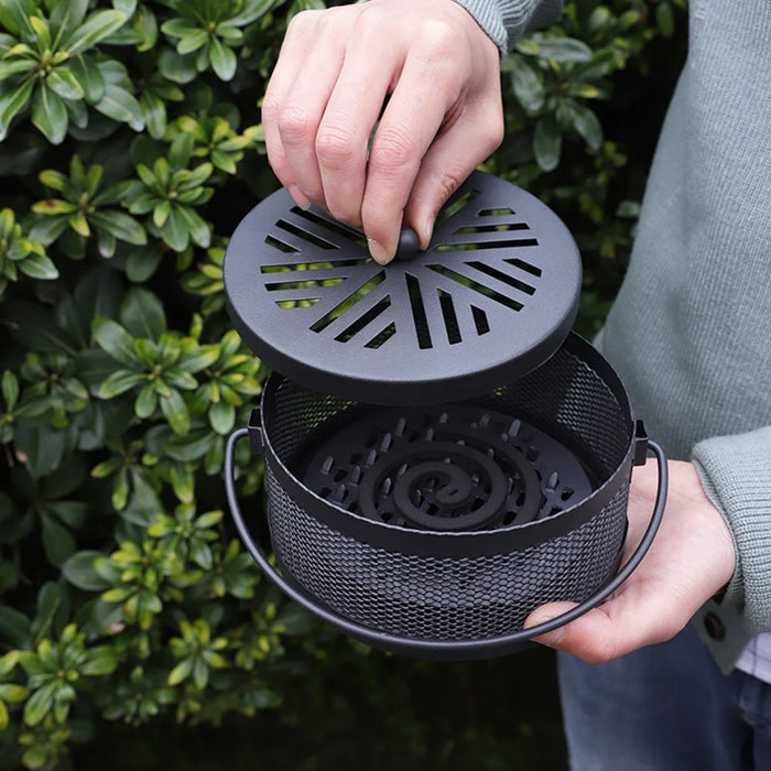 AOTU Portable Iron Mosquito Incense Coil Holder Box with Lid for Outdoor Home - Black / Fireworks - 3