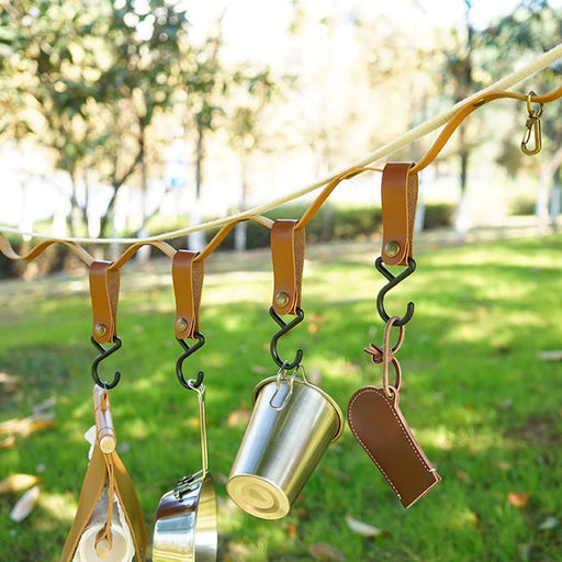 AOTU 4Pcs PU Leather Strap S-Shape Plastic Hooks for Outdoor Camping Hanging Pots Pans - Light Coffee - 2