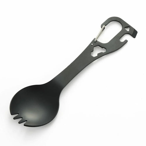 DIY058 2-in-1 Spoon Fork 420 Stainless Steel Outdoor Camping Cutlery Bottle Opener Tool (No FDA, BPA Free) - Black - 1