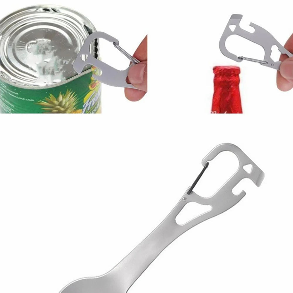 DIY058 2-in-1 Spoon Fork 420 Stainless Steel Outdoor Camping Cutlery Bottle Opener Tool (No FDA, BPA Free) - Black - 2