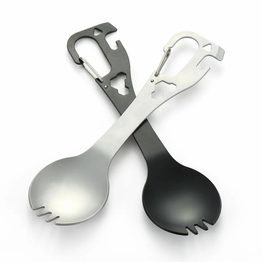 DIY058 2-in-1 Spoon Fork 420 Stainless Steel Outdoor Camping Cutlery Bottle Opener Tool (No FDA, BPA Free) - Black - 6