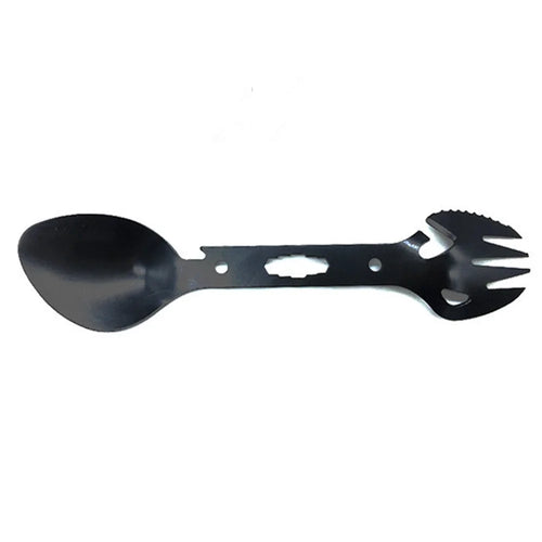 DIY0432 10-in-1 Utility Tactical Spork Stainless Steel Spoon Bottle Opener Camping Utensil (No FDA Certificate) - Black - 1