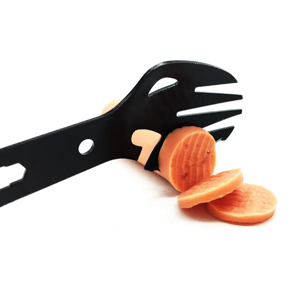DIY0432 10-in-1 Utility Tactical Spork Stainless Steel Spoon Bottle Opener Camping Utensil (No FDA Certificate) - Black - 2
