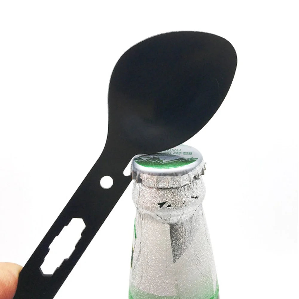 DIY0432 10-in-1 Utility Tactical Spork Stainless Steel Spoon Bottle Opener Camping Utensil (No FDA Certificate) - Black - 4
