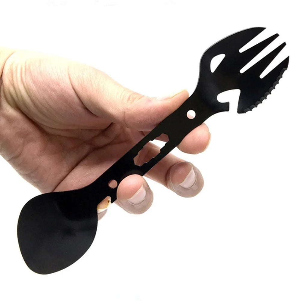 DIY0432 10-in-1 Utility Tactical Spork Stainless Steel Spoon Bottle Opener Camping Utensil (No FDA Certificate) - Black - 5