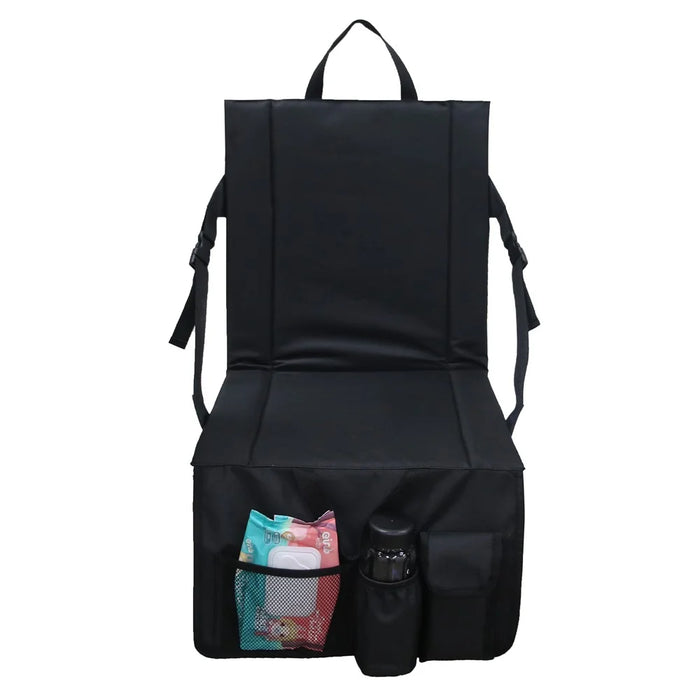 Portable Backrest Chair Seat Cushion Outdoor Camping Park Seat Mat with Lower Storage Pockets - Black - 1