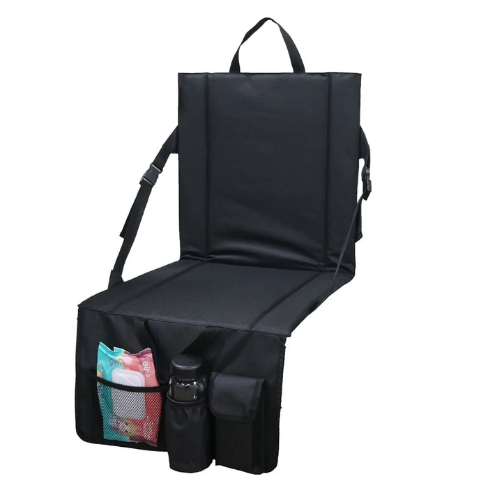 Portable Backrest Chair Seat Cushion Outdoor Camping Park Seat Mat with Lower Storage Pockets - Black - 2