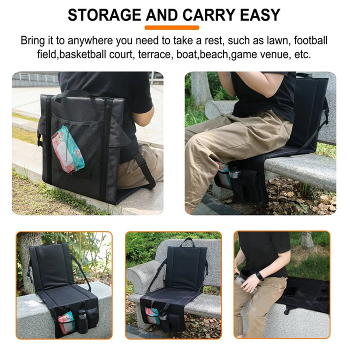 Portable Backrest Chair Seat Cushion Outdoor Camping Park Seat Mat with Lower Storage Pockets - Black - 4