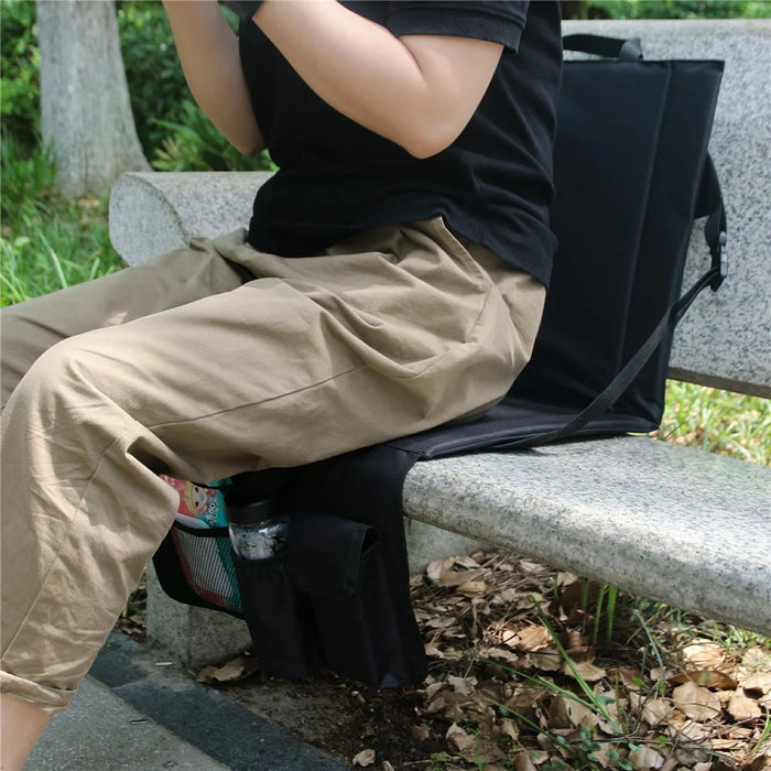 Portable Backrest Chair Seat Cushion Outdoor Camping Park Seat Mat with Lower Storage Pockets - Black - 7