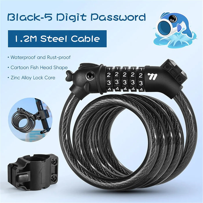 WEST BIKING 0705108B0000 Cartoon Fish Head 1.2m 5-Digit Combination Lock Anti-Theft Steel Cable Bike Lock - 3