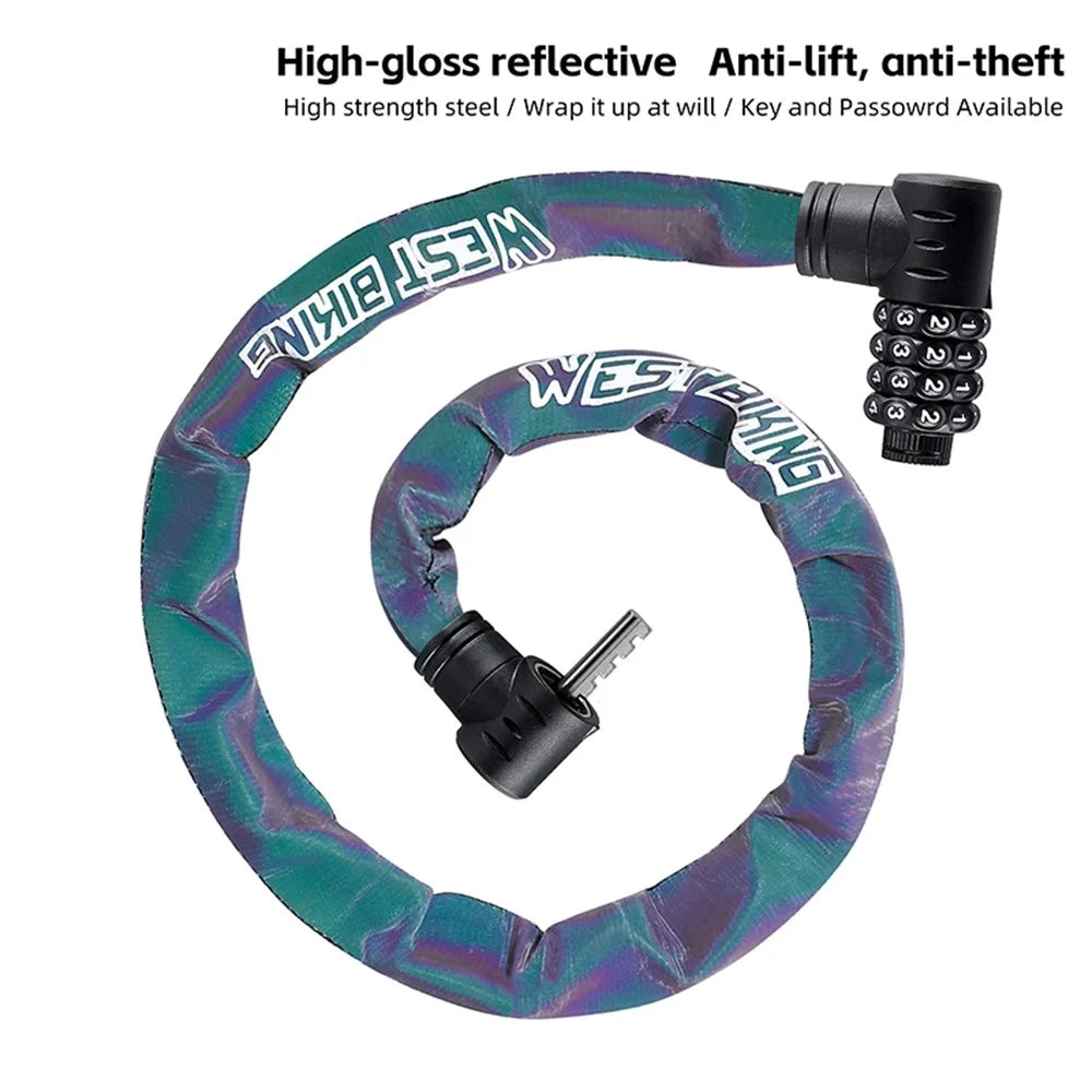 WEST BIKING YP0705112 Reflective Chain Bike Lock 4 Digits Portable E-Bike Anti Theft Password Lock - Multi-Color - 4