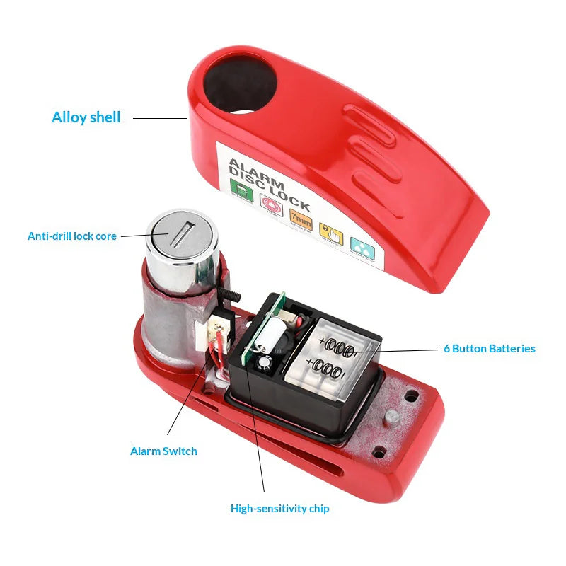 BENGGUO Bike Disc Brake Lock 110dB Alarm High Strength Aluminum Alloy Anti Theft Lock with 2 Keys - Black - 7