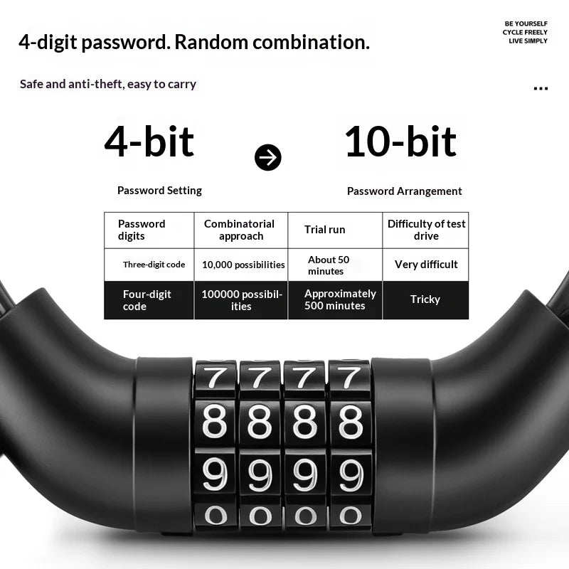WEST BIKING YP0705129 920mm Steel Wire Bicycle Cable Lock 4-Digit Combination Lock for Mountain Road Bike - Black - 6