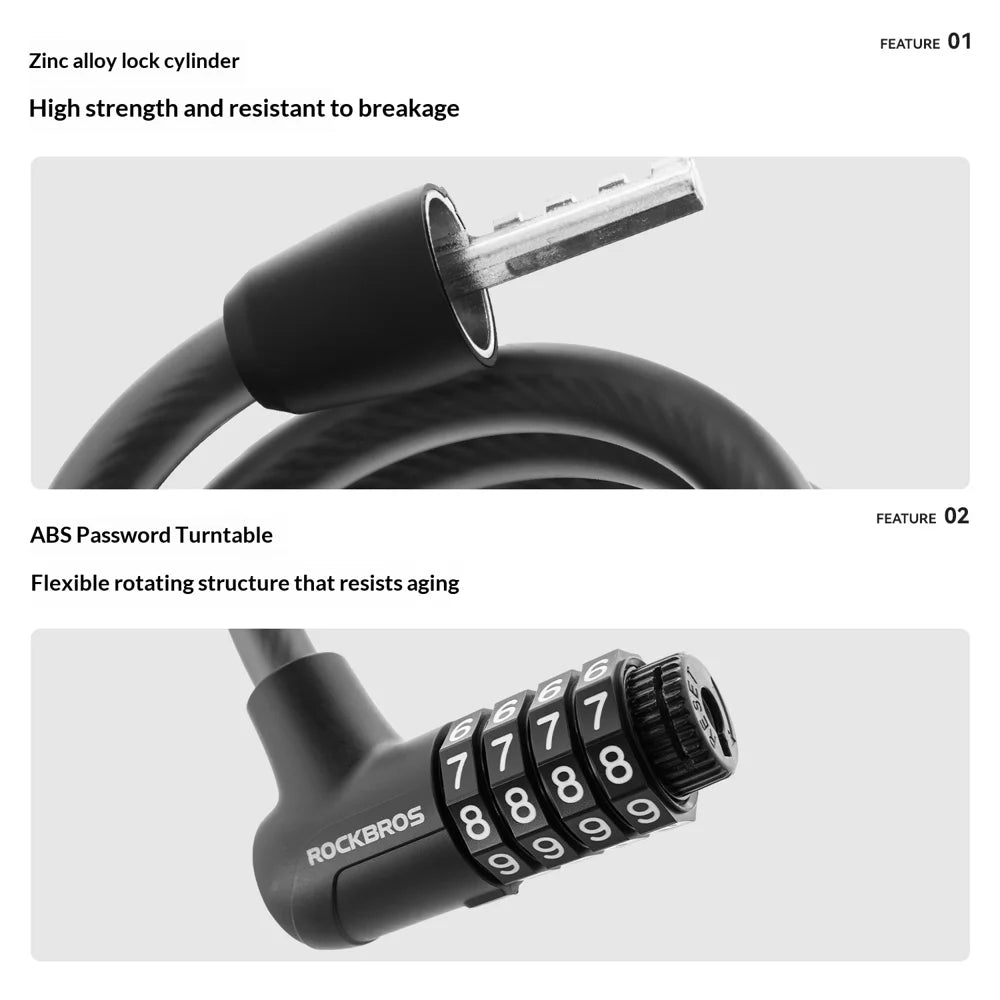ROCKBROS 32120013 Combination Cable Bike Lock 117cm Anti-theft Security Lock for Cycling - Black - 4