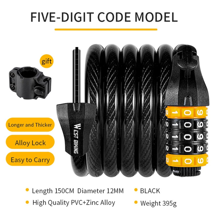 WEST BIKING YP0705062 5-digit Bike Password Lock Anti Theft Security MTB Road Bicycle Cable Lock 1.5m - 2