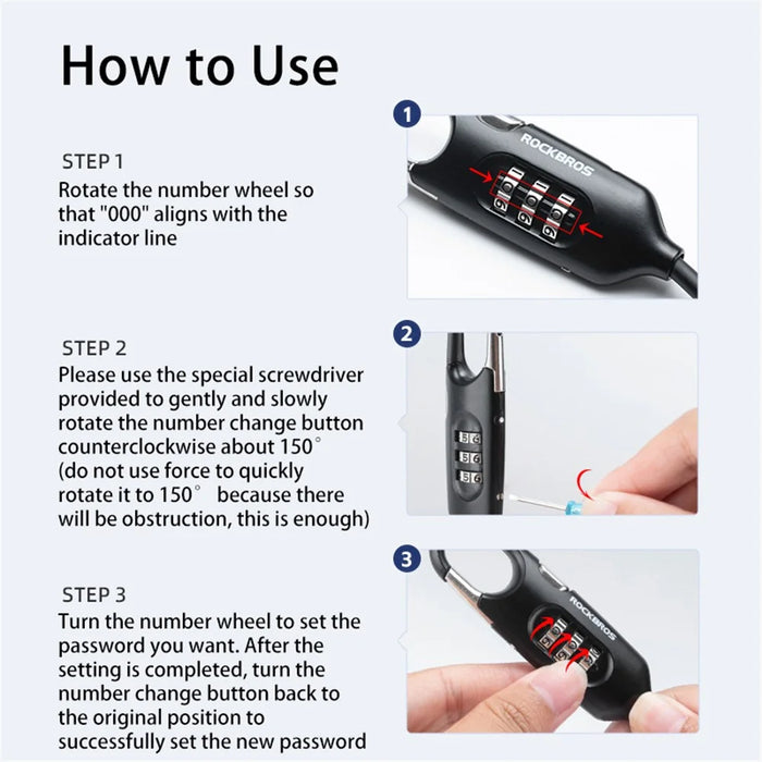 ROCKBROS PL3002 Spring Cord Motorcycle Helmet Bicycle Code Lock Anti-theft Steel Wire Password Lock - Black - 7