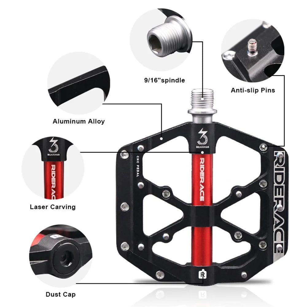 RIDERACE RN1527 Mountain Bike Pedals Aluminum Alloy Non-Slip 3-Bearing Pedals - Black - 3