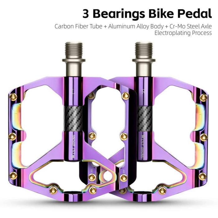 WEST BIKING 3 Bearings Mountain Bike Pedals Electroplated Aluminum Alloy Wide Platform Non-Slip Pedals, Black Axis - Purple - 2