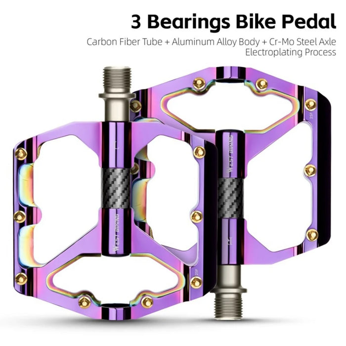 WEST BIKING 3 Bearings Mountain Bike Pedals Electroplated Aluminum Alloy Wide Platform Non-Slip Pedals, Black Axis - Purple - 3
