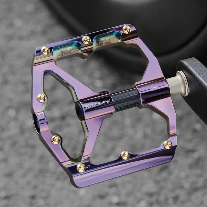 WEST BIKING 3 Bearings Mountain Bike Pedals Electroplated Aluminum Alloy Wide Platform Non-Slip Pedals, Black Axis - Purple - 5
