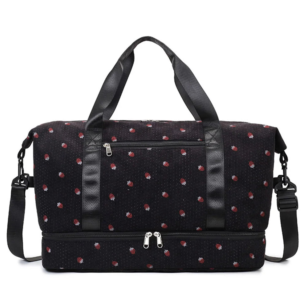 Strawberry Print Expandable Gym Duffel Bag Oxford Cloth Travel Weekender with Shoe Compartment - Black - 1