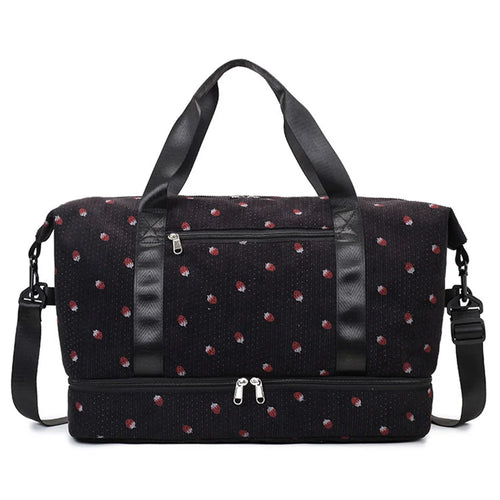 Strawberry Print Expandable Gym Duffel Bag Oxford Cloth Travel Weekender with Shoe Compartment - Black - 1