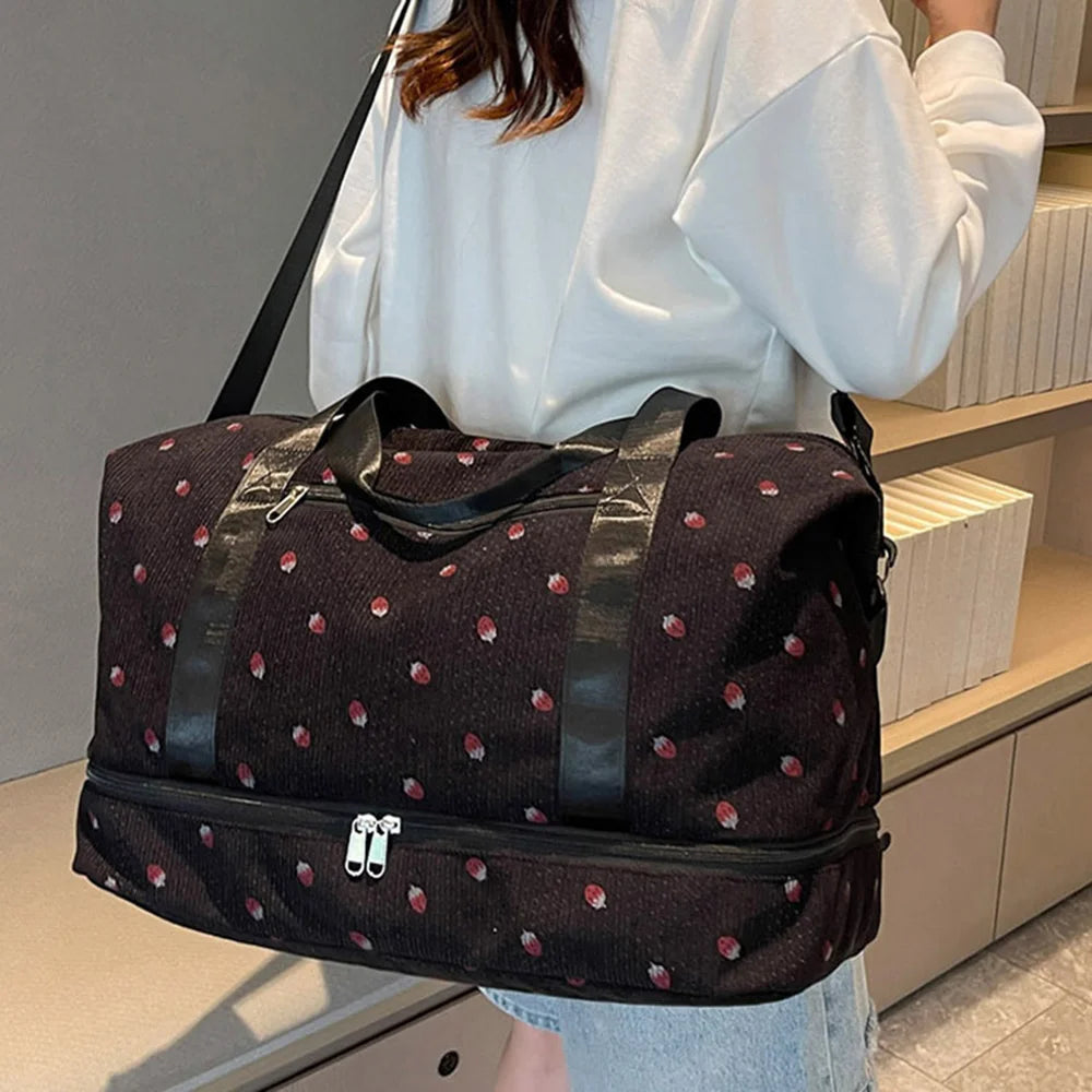 Strawberry Print Expandable Gym Duffel Bag Oxford Cloth Travel Weekender with Shoe Compartment - Black - 2