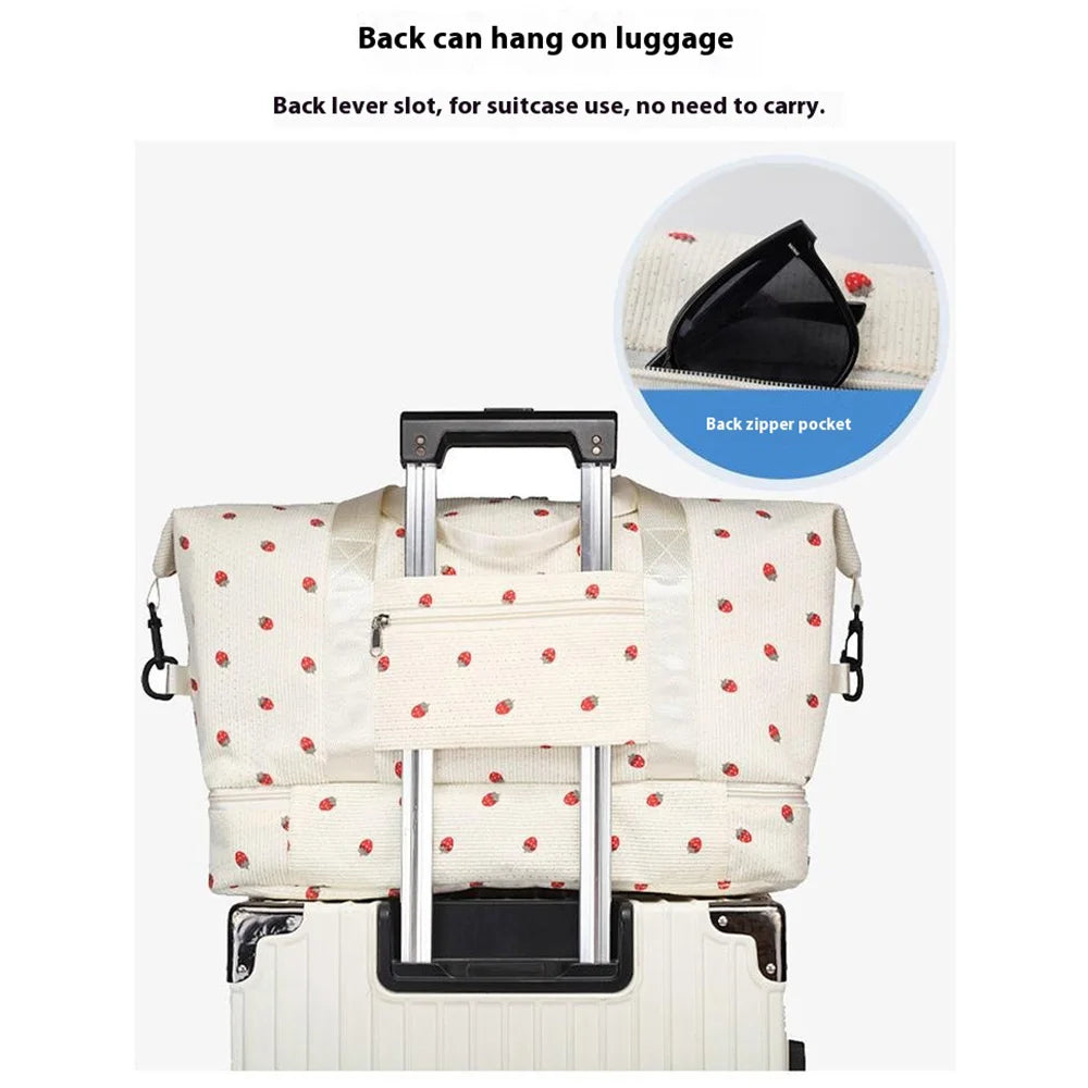 Strawberry Print Expandable Gym Duffel Bag Oxford Cloth Travel Weekender with Shoe Compartment - Black - 6