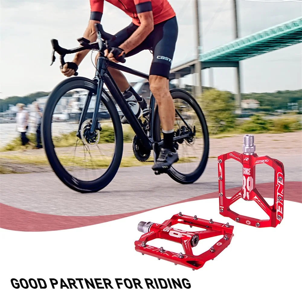 ENLEE Practical Wide Aluminum Alloy Bicycle Pedals Anti-slip DU Bearing Bicycle Pedals for BMX MTB Bike Bicycle - Red - 2
