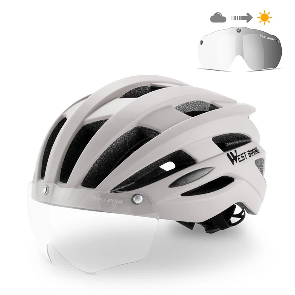 WEST BIKING YP0708120 EPS Foam Cycling Helmet with Magnetic Suction Photochromic Lens - Light Grey - 1