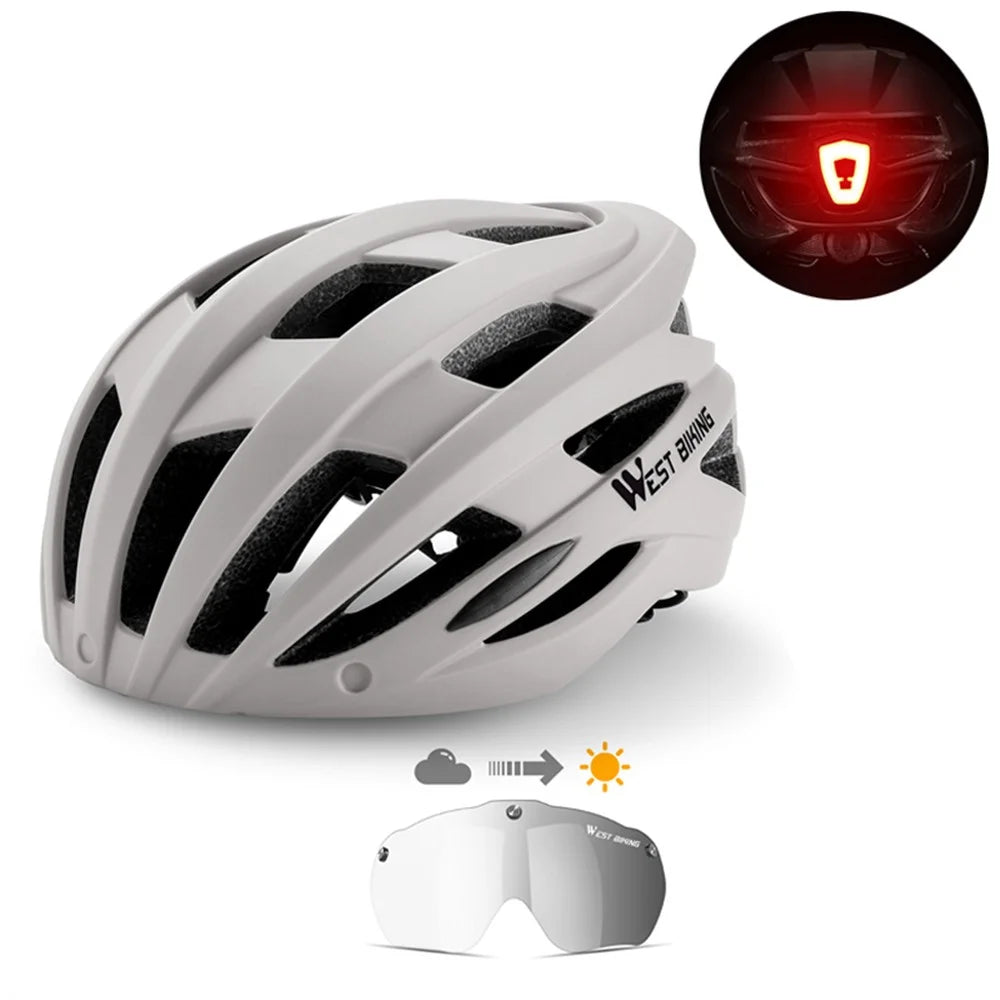WEST BIKING YP1602564 Photochromic Lens Detachable Goggles PC Shell Cycling Helmet with Tail Light - Light Grey - 1