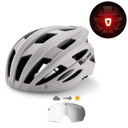 WEST BIKING YP1602564 Photochromic Lens Detachable Goggles PC Shell Cycling Helmet with Tail Light - Light Grey - 1