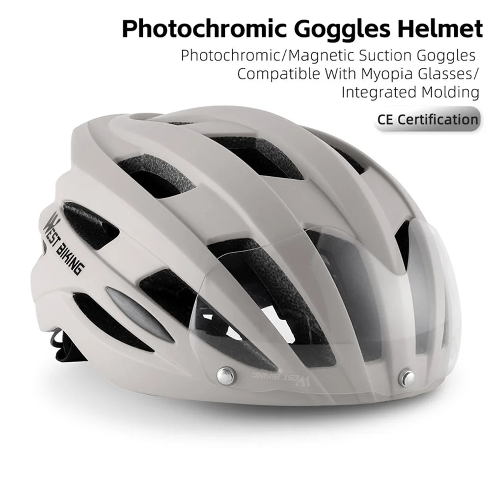 WEST BIKING YP1602564 Photochromic Lens Detachable Goggles PC Shell Cycling Helmet with Tail Light - Light Grey - 2