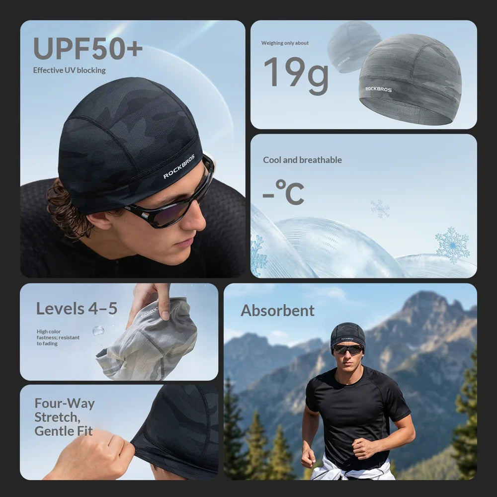 ROCKBROS 18260002 Ice Silk Cycling Cap UPF50+ UV Protection Helmet Liner Breathable for Men Women Road Bike - Black - 6