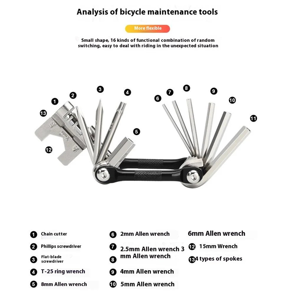 RIDERACE RR9516BK Multifunction Bicycle Maintenance Tool Kit Cutter Screwdriver Bike Repair Tools Set - 6