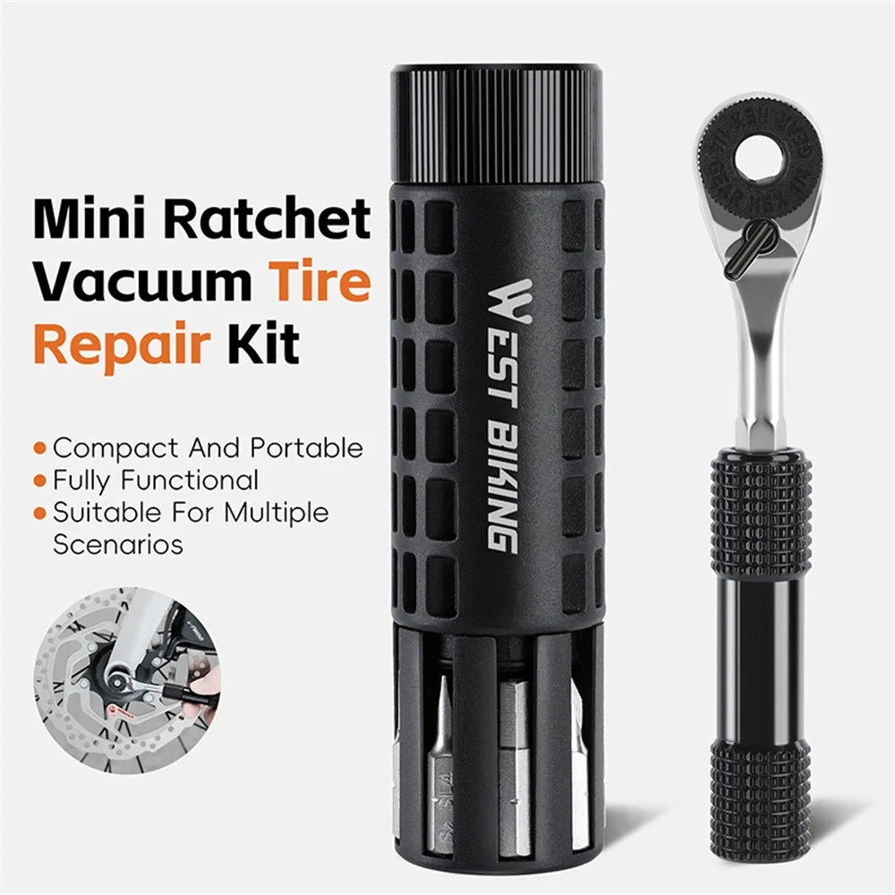 WEST BIKING YP0719484 Portable Bike Repair Tool Kit Mini Ratchet Wrench Set Vacuum Tire Patch Kit for Bicycle  /  E-Bike  /  Motorcycle - Black - 2