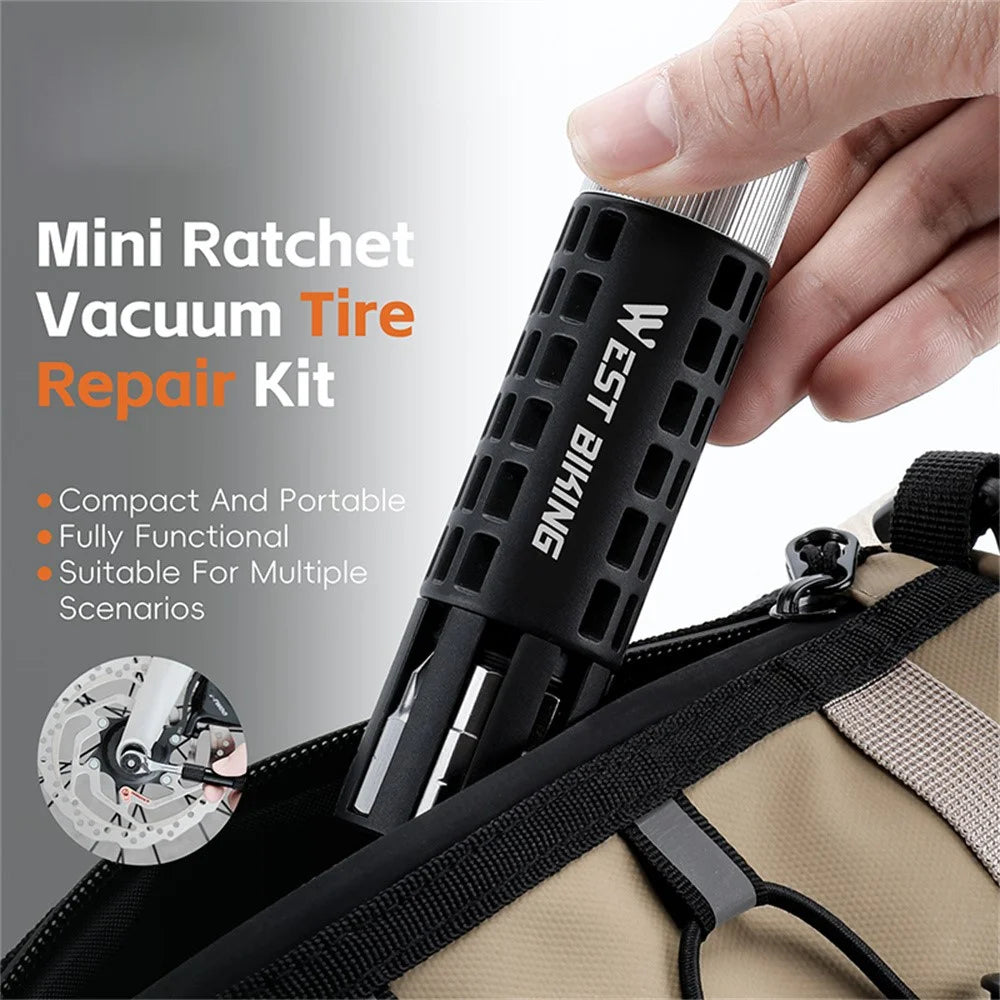 WEST BIKING YP0719484 Portable Bike Repair Tool Kit Mini Ratchet Wrench Set Vacuum Tire Patch Kit for Bicycle  /  E-Bike  /  Motorcycle - Black - 4