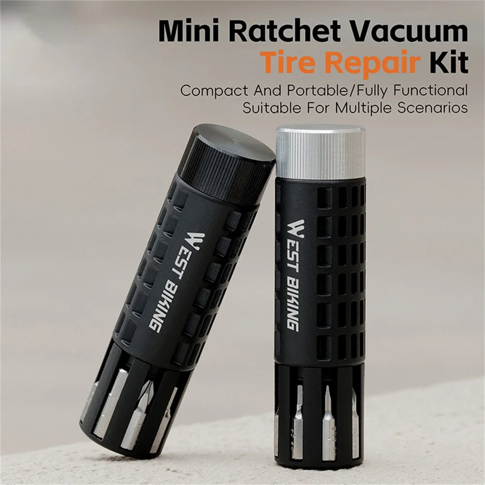WEST BIKING YP0719484 Portable Bike Repair Tool Kit Mini Ratchet Wrench Set Vacuum Tire Patch Kit for Bicycle  /  E-Bike  /  Motorcycle - Black - 5