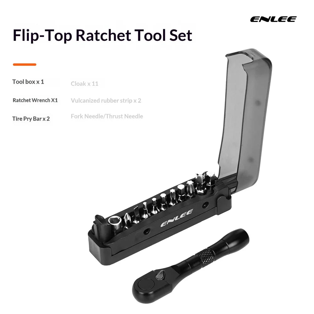 ENLEE Multifunctional Bike Repair Ratchet Wrench Set Portable Tire Maintenance Tool with Flip-top Storage Box - Black - 6