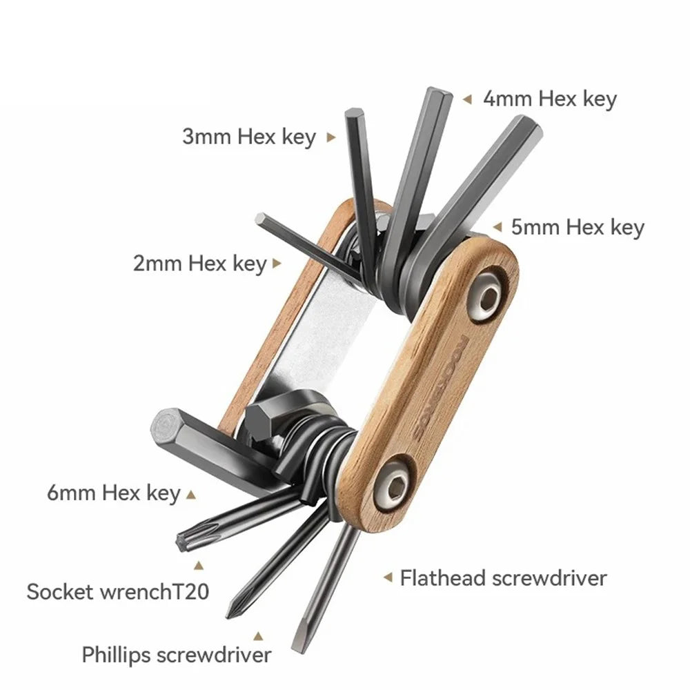 ROCKBROS Bike Multitool Bike Tool Kit 8 in 1 Steel Wood Bicycle Tool Survival Gear - 3