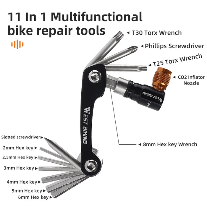 WEST BIKING YP0719349 Multifunction CRV Steel Bicycle Repair Tool CO2 Air Nozzle Screwdriver Wrench Kit - 7