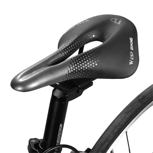 WEST BIKING YP0801117 Bike Saddle Seat Cushion Breathable PU Leather Hollow Comfortable Shockproof Road MTB Bike Cycling Saddle - Black / Silver - 1