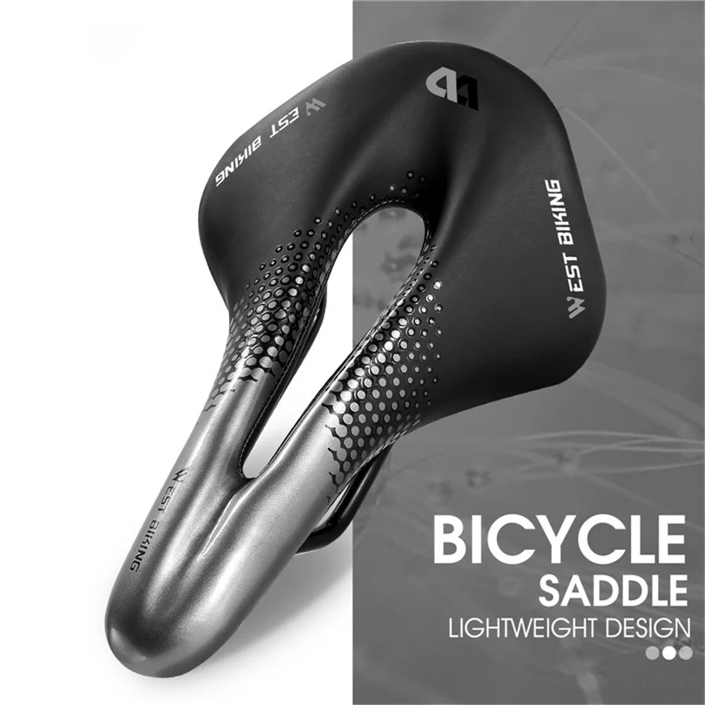 WEST BIKING YP0801117 Bike Saddle Seat Cushion Breathable PU Leather Hollow Comfortable Shockproof Road MTB Bike Cycling Saddle - Black / Silver - 2