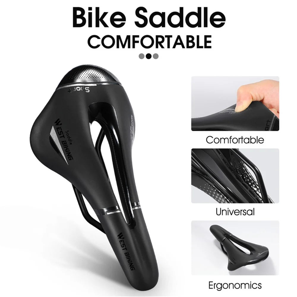 WEST BIKING YP0801117 Bike Saddle Seat Cushion Breathable PU Leather Hollow Comfortable Shockproof Road MTB Bike Cycling Saddle - Black / Silver - 6